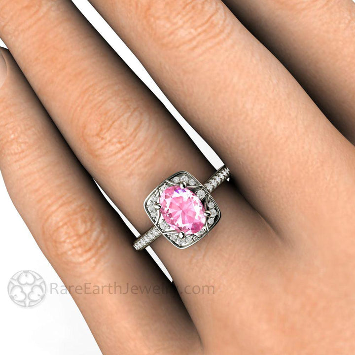Oval Pink Sapphire Engagement Ring Art Deco Geometric Design, Rare Earth Jewelry