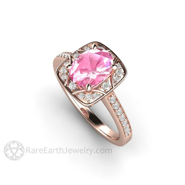 Oval Pink Sapphire Engagement Ring Art Deco Geometric Design, Rare Earth Jewelry