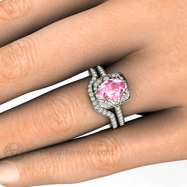 Oval Pink Sapphire Engagement Ring Art Deco Geometric Design, Rare Earth Jewelry