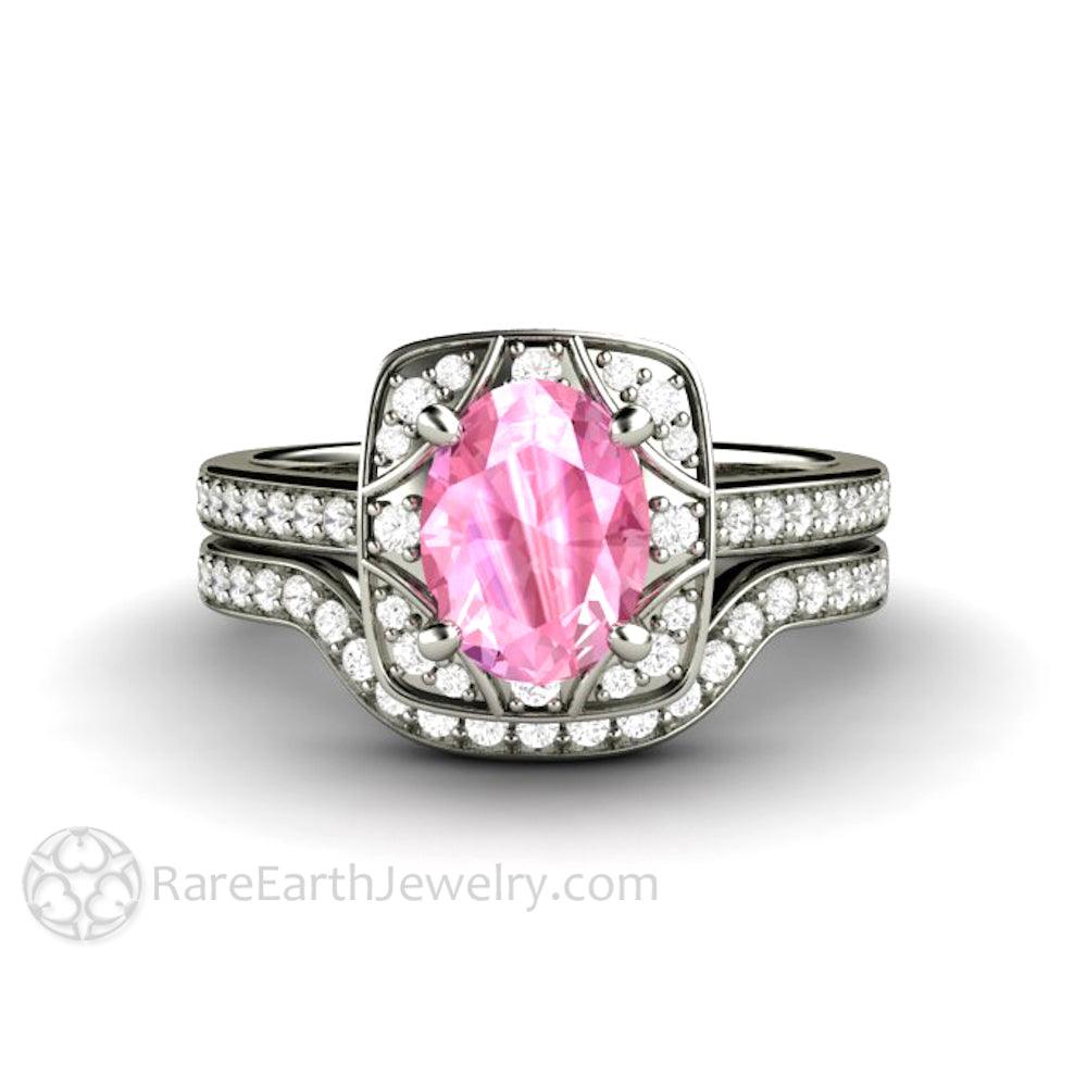 Oval Pink Sapphire Engagement Ring Art Deco Geometric Design, Rare Earth Jewelry
