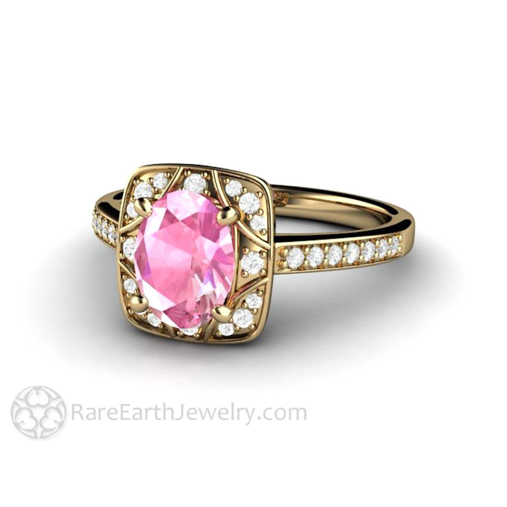 Oval Pink Sapphire Engagement Ring Art Deco Geometric Design, Rare Earth Jewelry