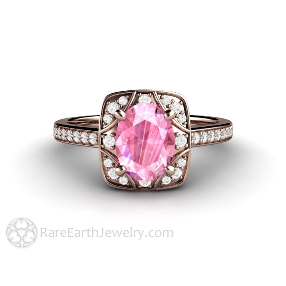 Oval Pink Sapphire Engagement Ring Art Deco Geometric Design, Rare Earth Jewelry