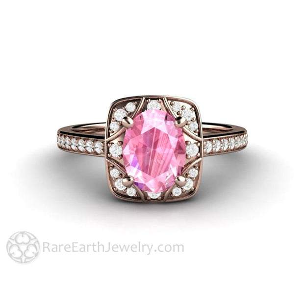 Antique Pink Sapphire Engagement Ring Art Deco Geometric Style with Diamonds - 14K Rose Gold - Engagement Only - Halo - Oval - Pink - Rare Earth Jewelry