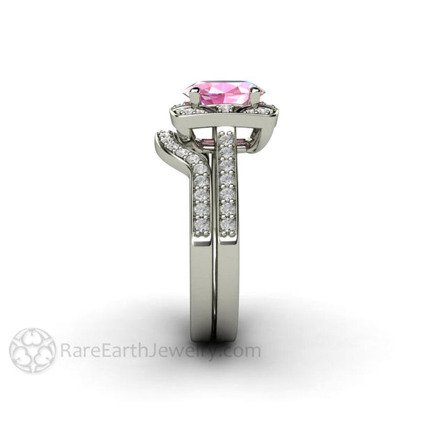 Antique Pink Sapphire Engagement Ring Art Deco Geometric Style with Diamonds 14K White Gold - Wedding Set - Rare Earth Jewelry