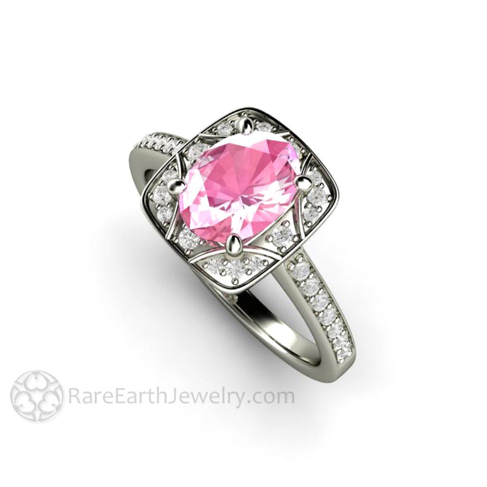 Oval Pink Sapphire Engagement Ring Art Deco Geometric Design, Rare Earth Jewelry