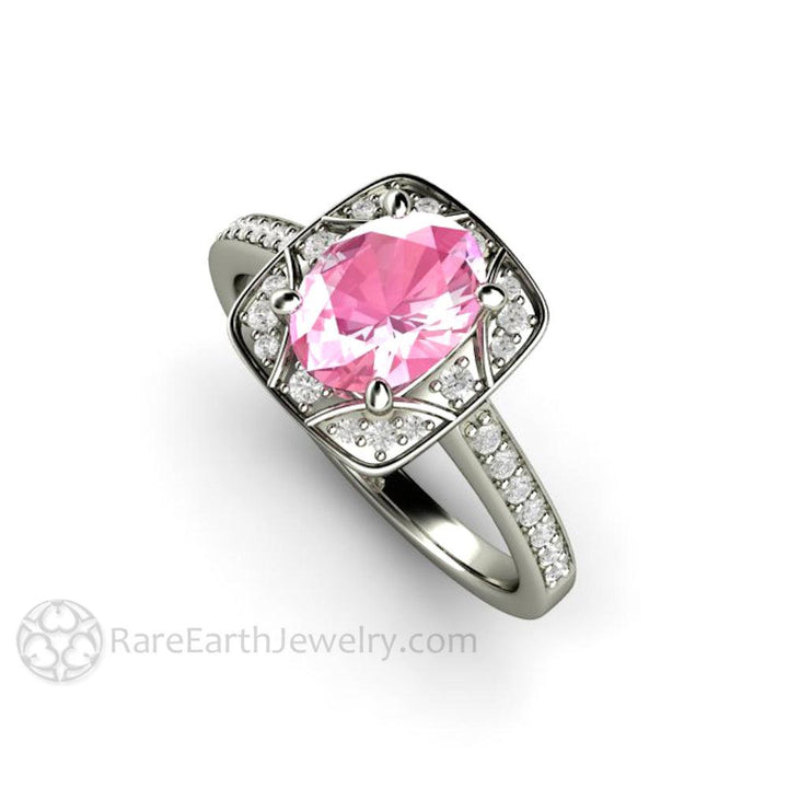 Oval Pink Sapphire Engagement Ring Art Deco Geometric Design, Rare Earth Jewelry