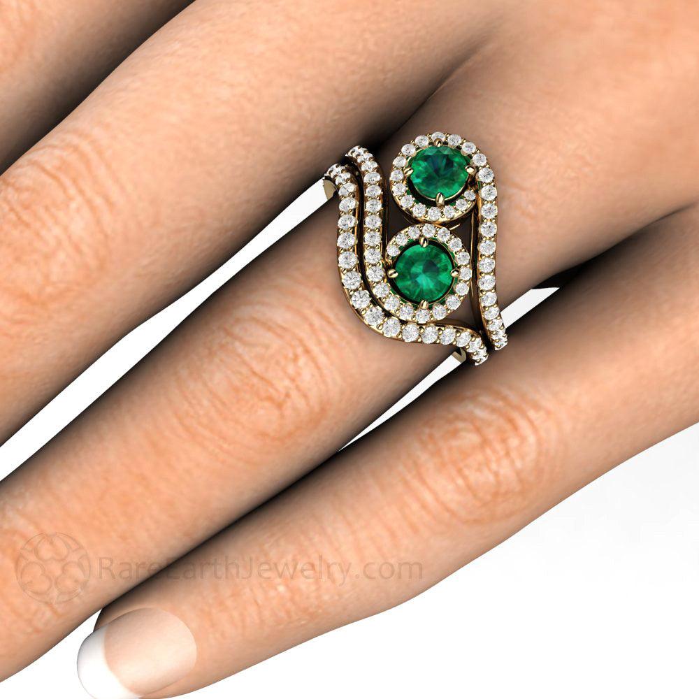 Antique Style Toi et Moi Emerald Ring | Two Stone Engagement Ring shown on the Hand