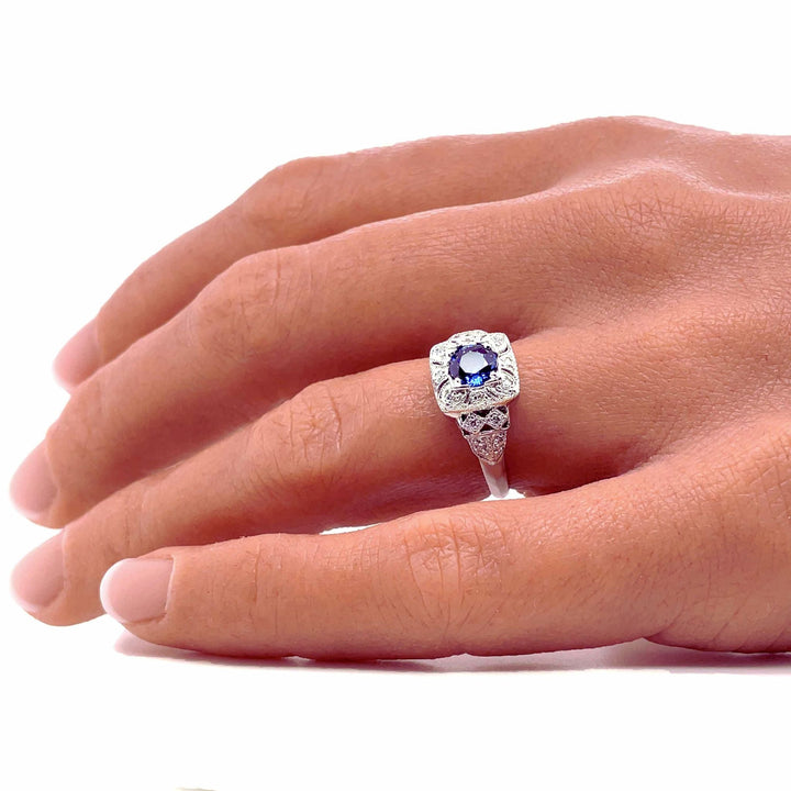 Antique Style Blue Sapphire Ring on the Finger, Pave Diamond Accents, White Gold