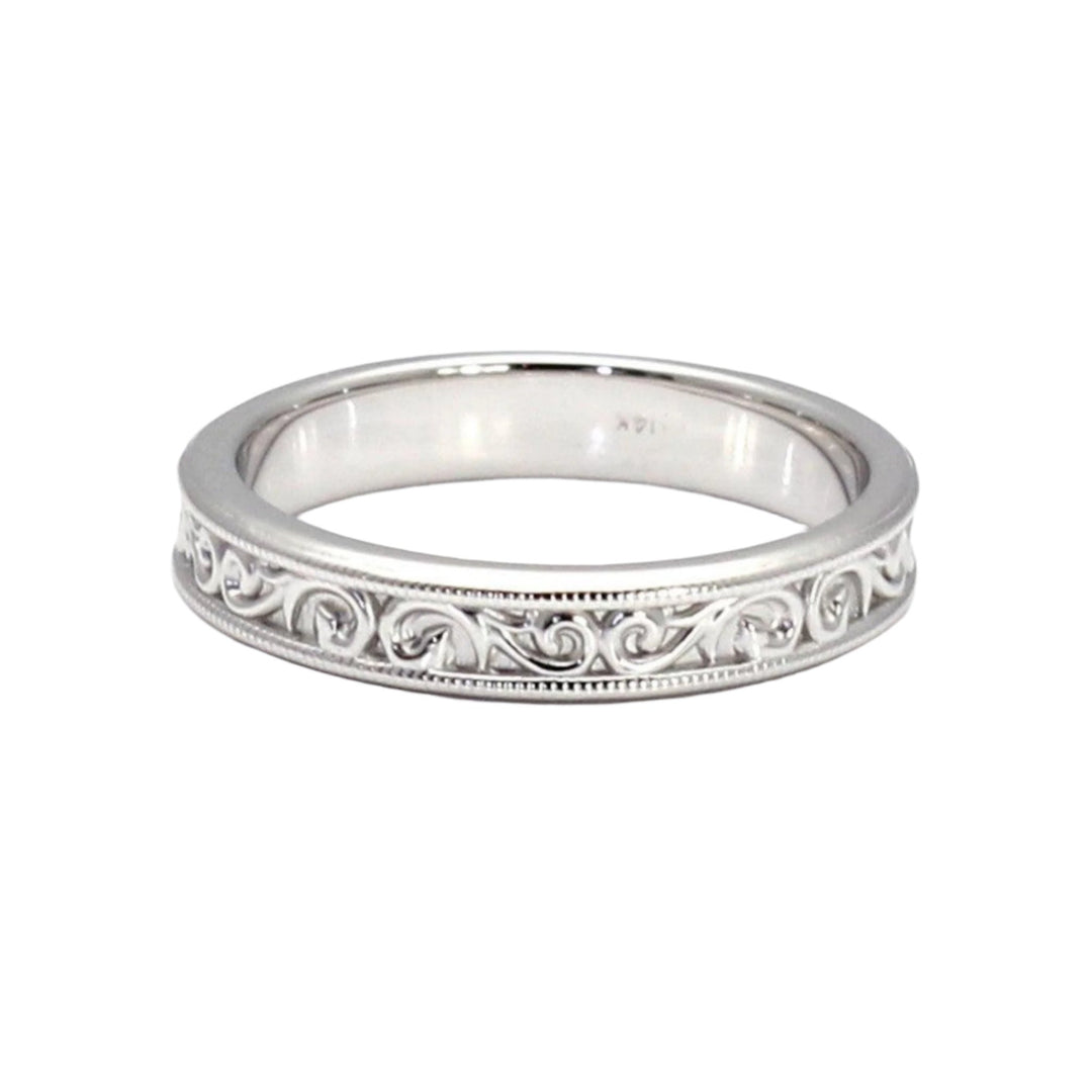 Antique Style Wedding Ring 4mm Band with Filigree Design, Gold or Platinum
