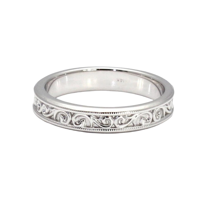 Antique Style Wedding Ring 4mm Band with Filigree Design, Gold or Platinum