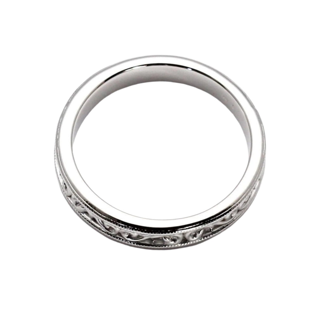 Antique Style Wedding Band 4mm with Filigree Scroll Pattern, Side View