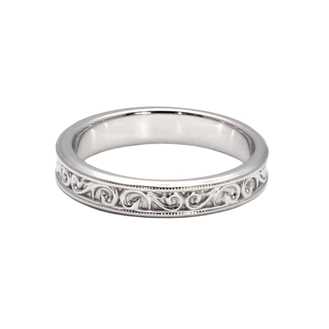 Vintage Style Wedding Ring 4mm Wide with Filigree Scroll Design, 14K or 18K Gold