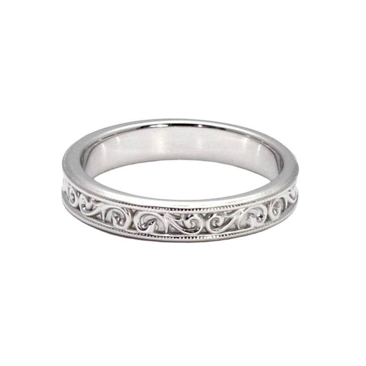 Vintage Style Wedding Ring 4mm Wide with Filigree Scroll Design, 14K or 18K Gold