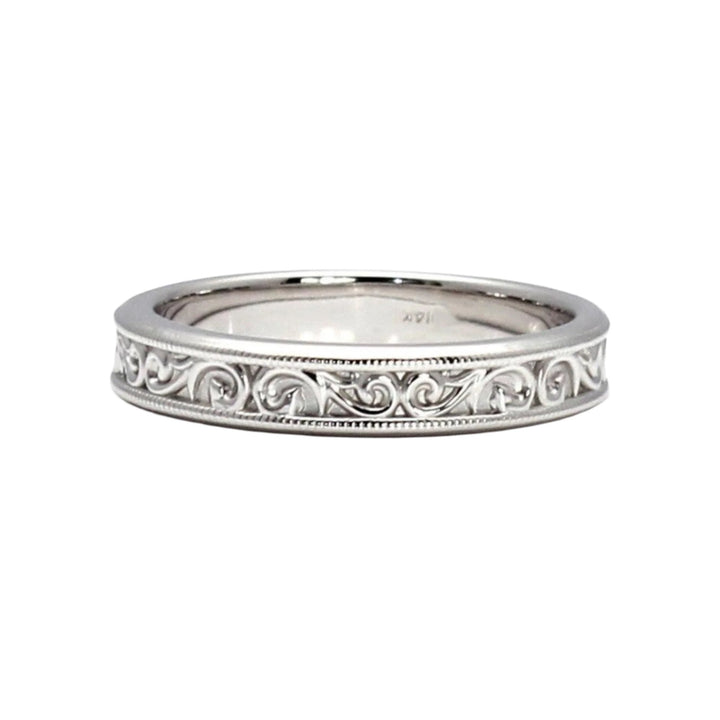 Vintage Style Wedding Band, 4mm Art Deco Wedding Ring with Filigree, Gold or Platinum