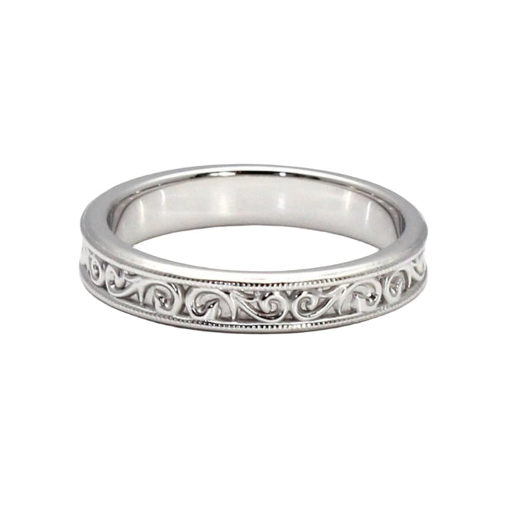 Antique Style Wedding Band 4mm with Filigree Scroll Pattern, 14K or 18K Gold