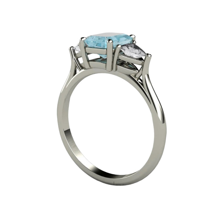 Aquamarine Engagement Ring Emerald Cut 3 Stone Trio Design - Thru View