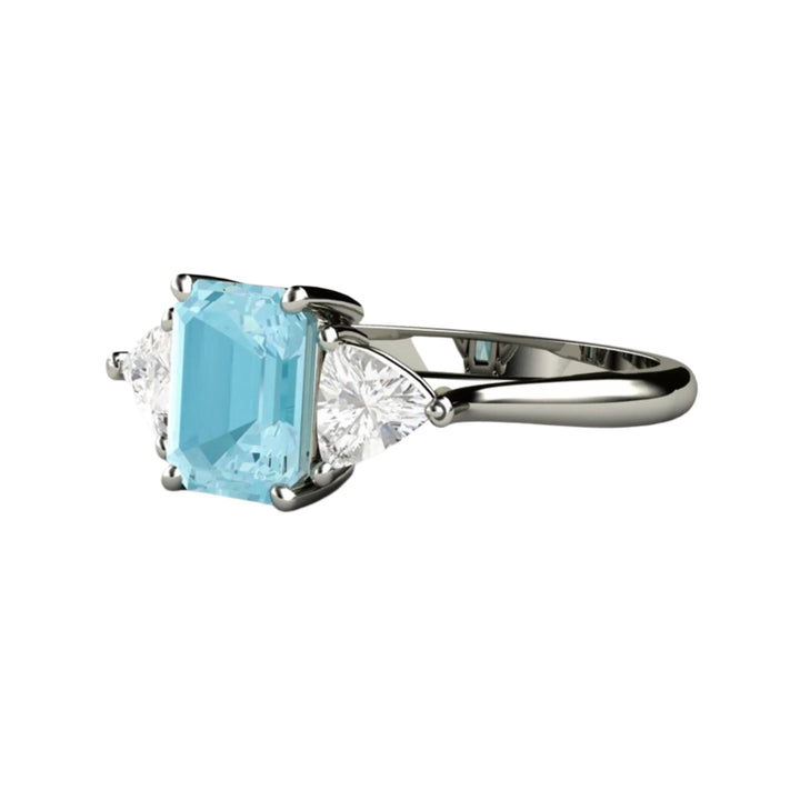 Aquamarine Engagement Ring Emerald Cut 3 Stone Style with White Sapphire Trillions