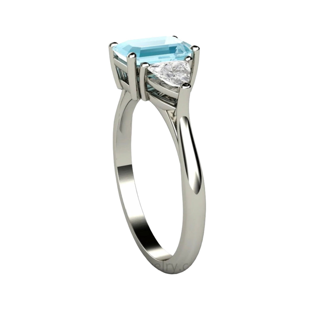 Aquamarine Engagement Ring Emerald Cut 3 Stone Trio Design - Side View