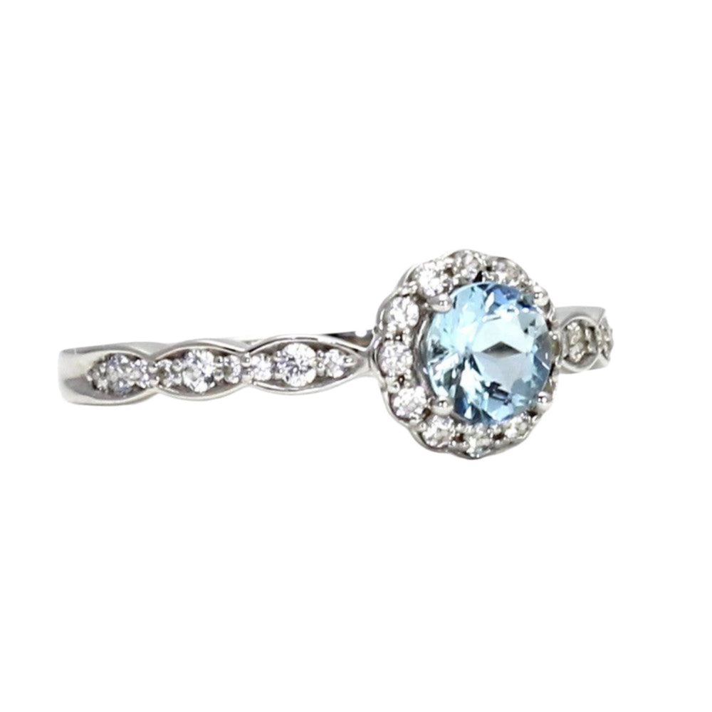 Aquamarine Engagement Ring, Unique Vintage Inspired Design with Scalloped Band and Diamond Accents