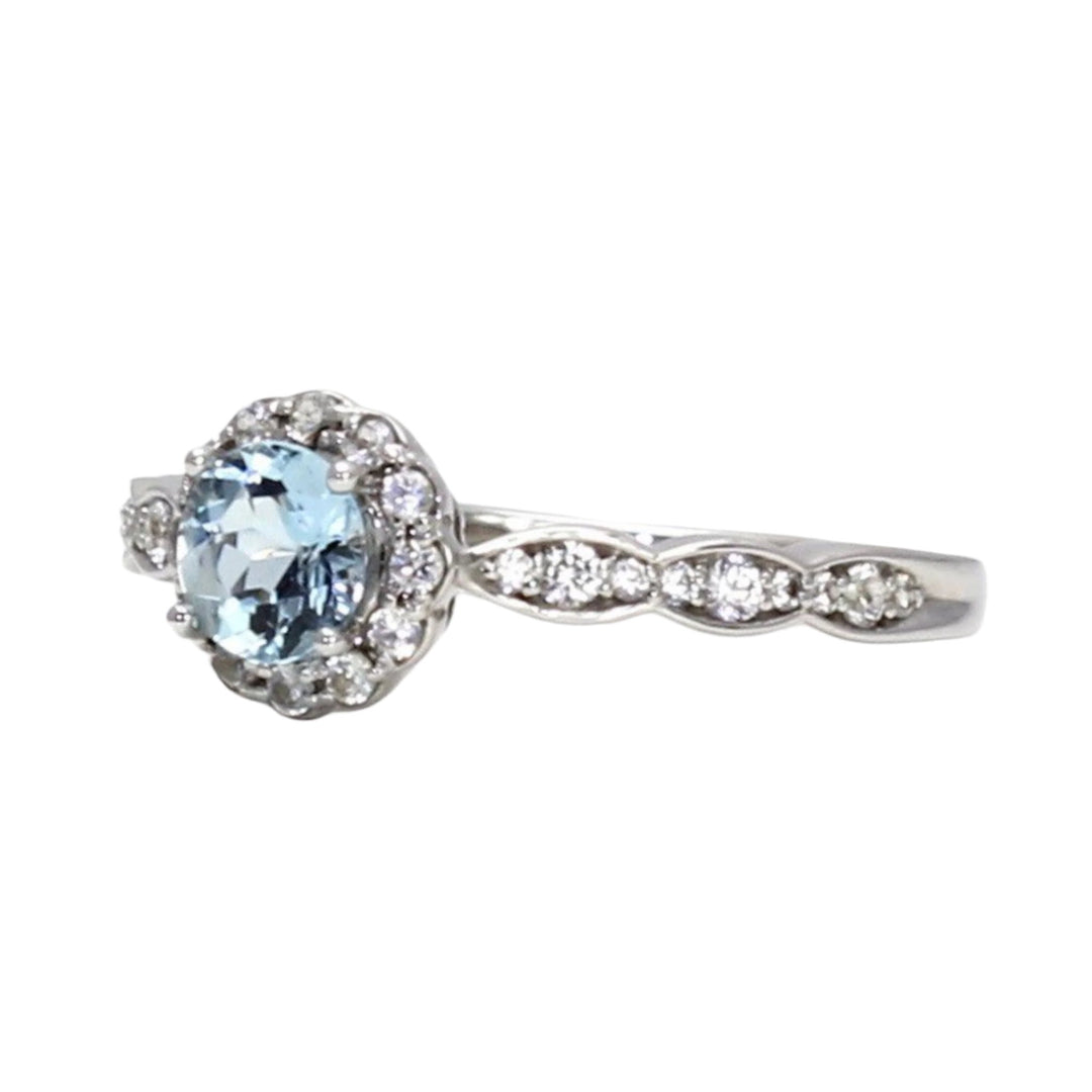 Aquamarine and Diamond Engagement Ring Vintage Style Halo March Birthday Gift or Push Present