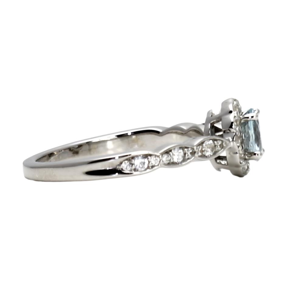 Aquamarine Engagement Ring Vintage Style Diamond Halo March Birthstone - Side View