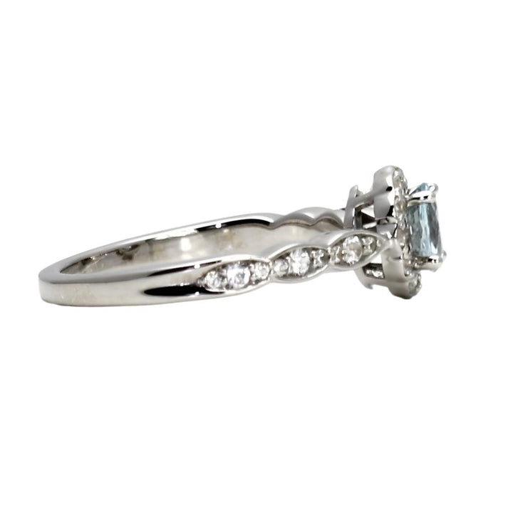 Aquamarine Engagement Ring Vintage Style Diamond Halo March Birthstone - Side View