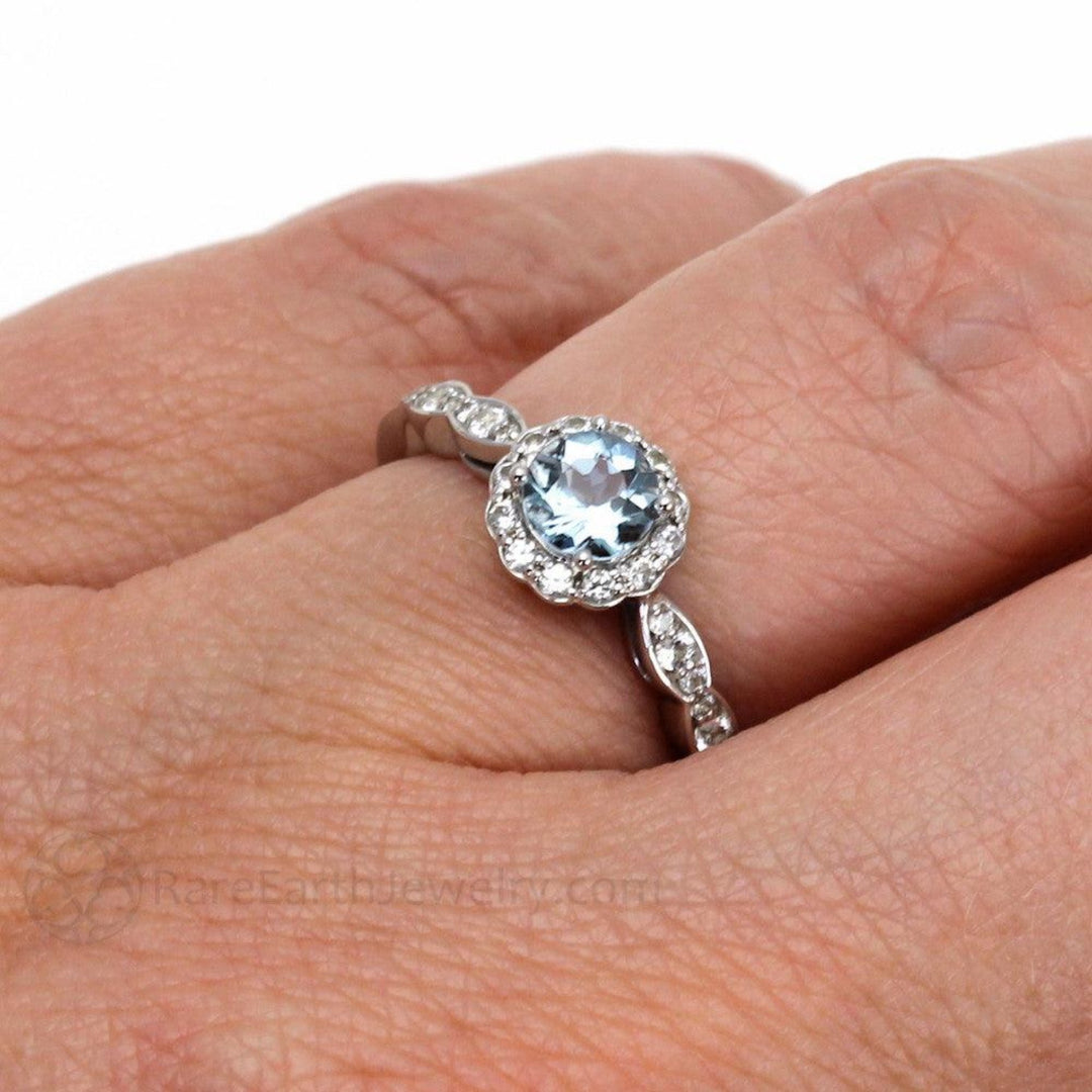 Aquamarine Engagement Ring Vintage Style Diamond Halo March Birthstone - on the Hand