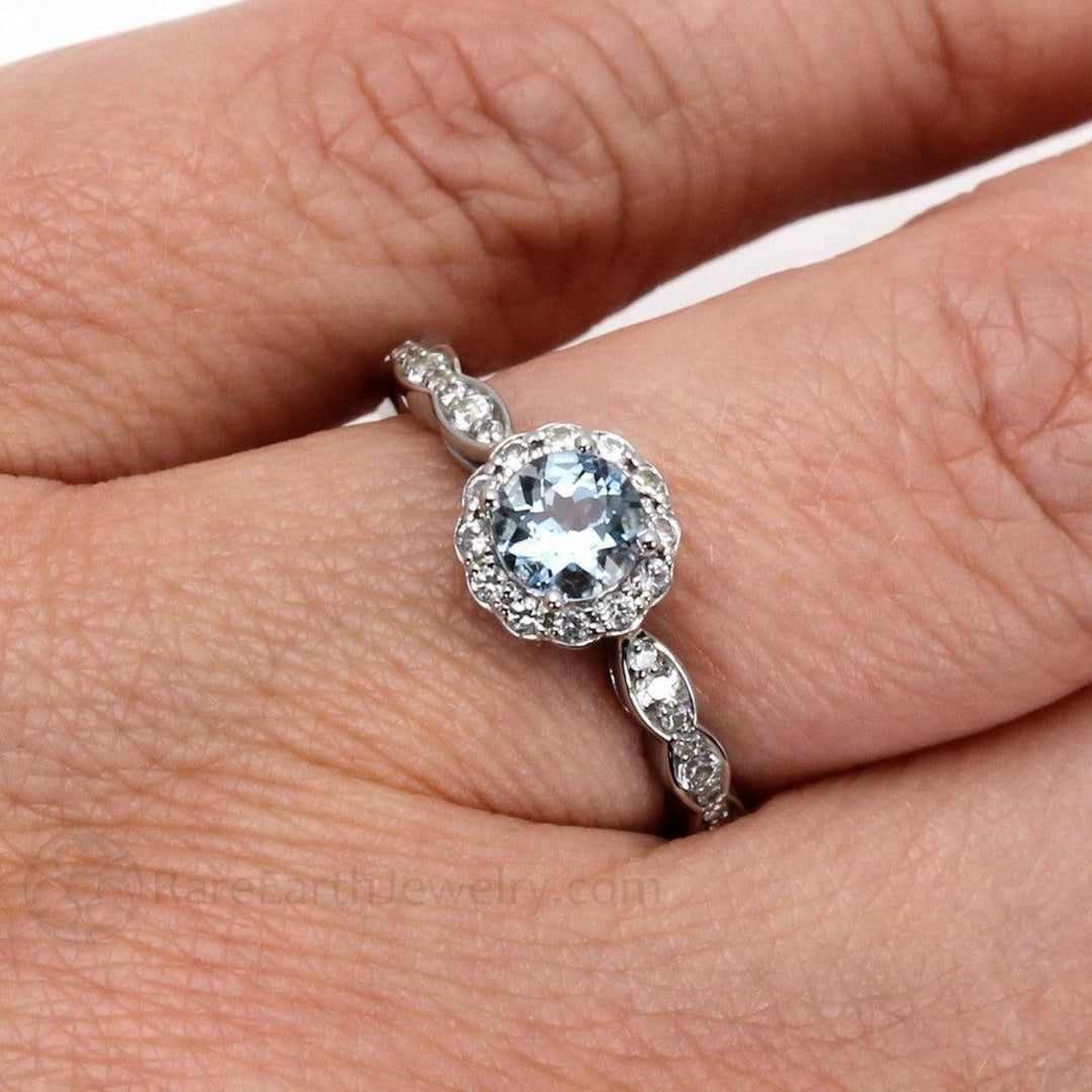 Aquamarine Engagement Ring Vintage Style Diamond Halo March Birthstone - Close up