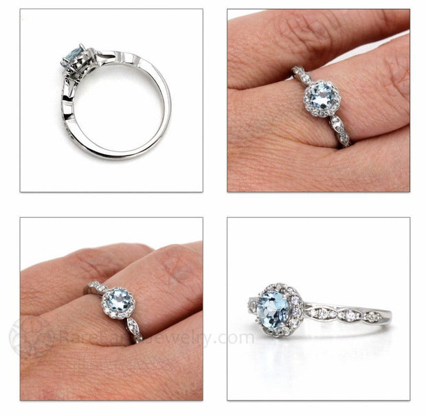Aquamarine Ring Vintage Style Diamond Halo March Birthstone Palladium - Rare Earth Jewelry
