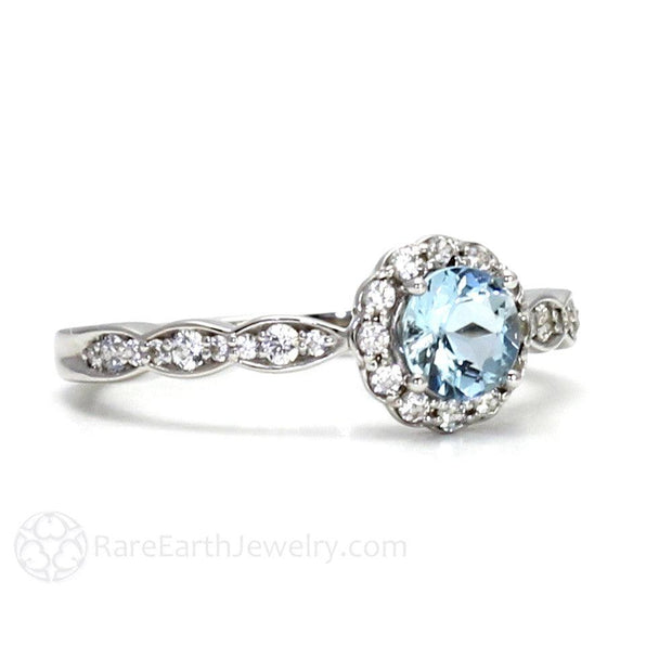 Aquamarine Ring Vintage Style Diamond Halo March Birthstone Platinum - Rare Earth Jewelry