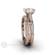 Art Deco Forever One Moissanite Solitaire Vintage Engagement Ring 18K Rose Gold - Wedding Set - Rare Earth Jewelry