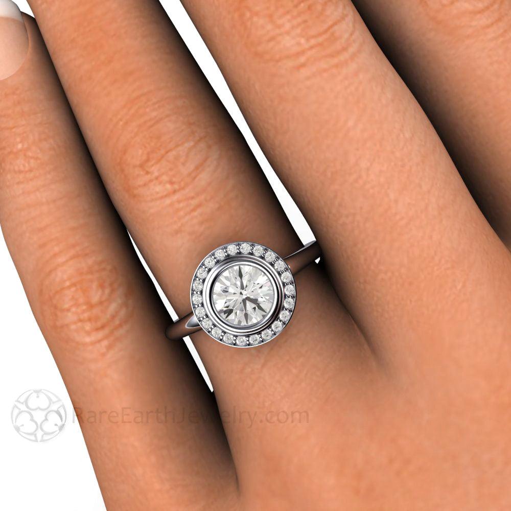 Art Deco Moissanite Engagement Ring Diamond Halo, Rare Earth Jewelry