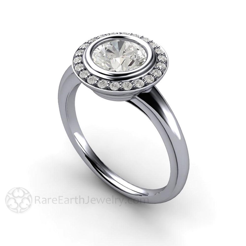 Art Deco Moissanite Engagement Ring Diamond Halo, Rare Earth Jewelry