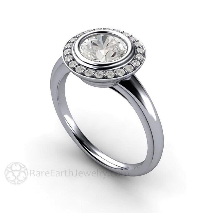 Art Deco Moissanite Engagement Ring Diamond Halo, Rare Earth Jewelry