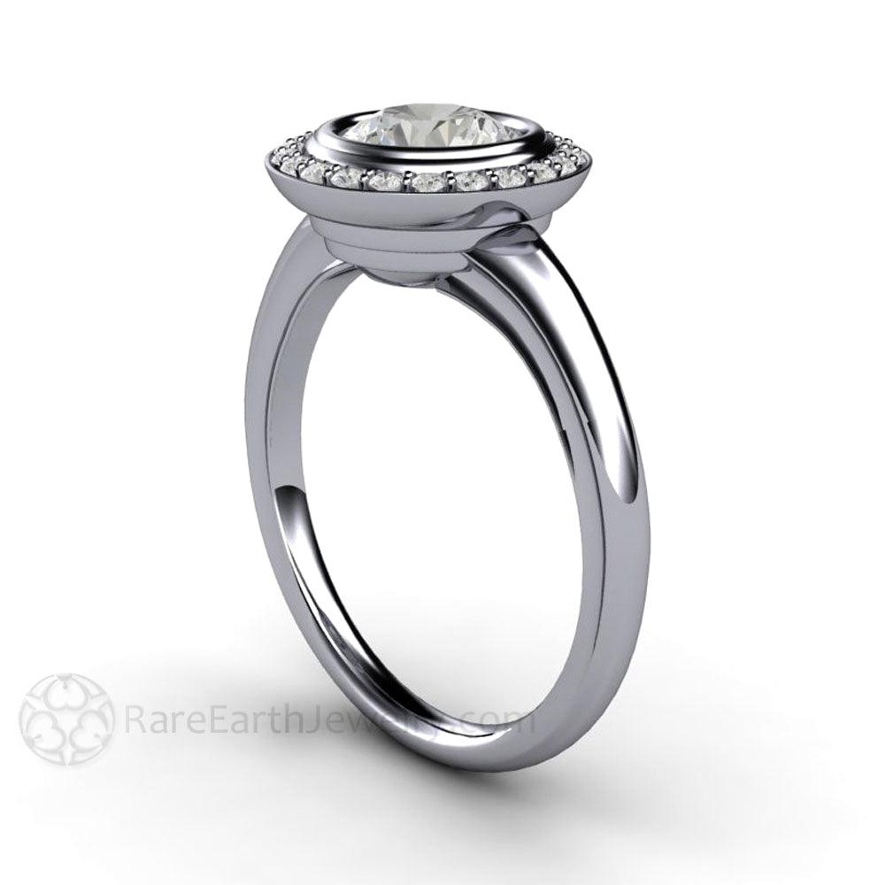 Art Deco Moissanite Engagement Ring Diamond Halo, Rare Earth Jewelry