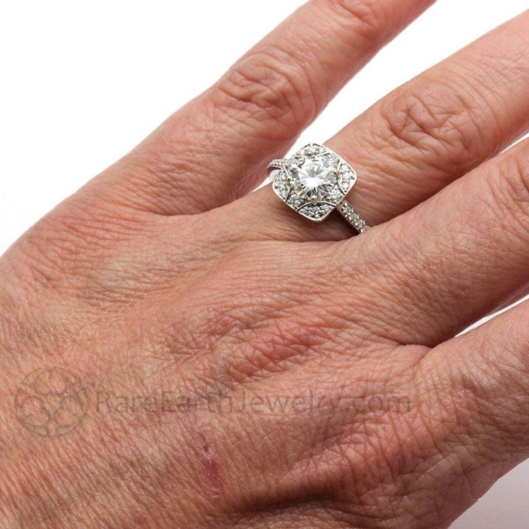 Art Deco Moissanite Engagement Ring, Vintage Style Diamond Halo, on the Hand
