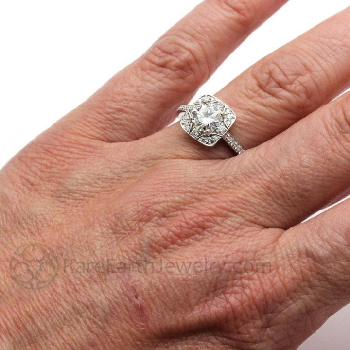 Art Deco Moissanite Engagement Ring, Vintage Style Diamond Halo, on the Hand