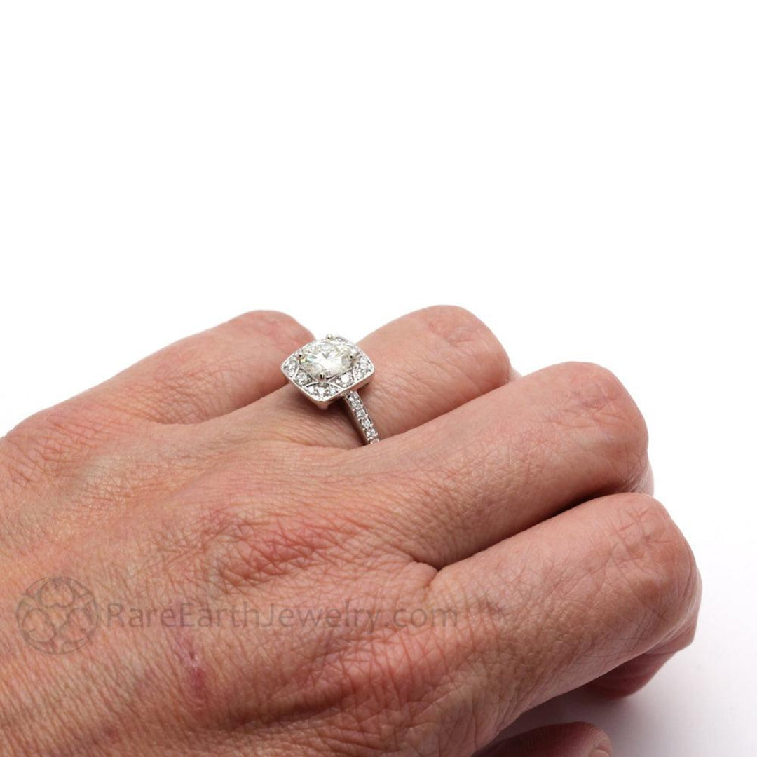 Art Deco Moissanite Engagement Ring | Vintage Style Diamond Halo, Rare Earth Jewelry