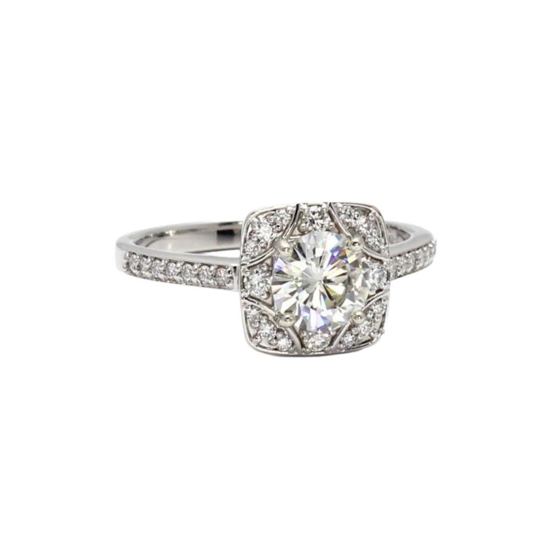 Vintage Inspired Moissanite Engagement Ring, Art Deco Style Diamond Halo
