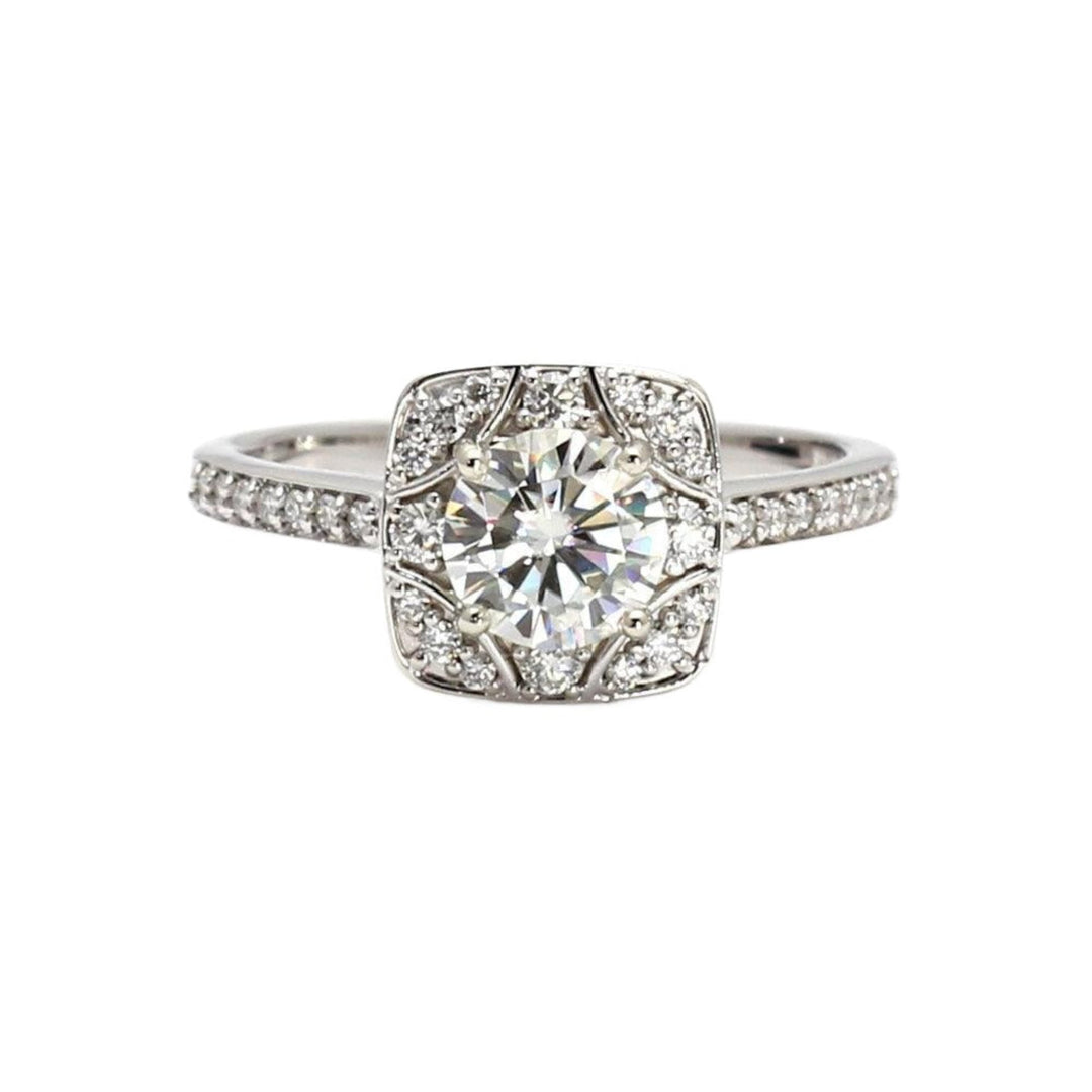 Art Deco Moissanite Engagement Ring, Vintage Style Diamond Halo, Gold or Platinum