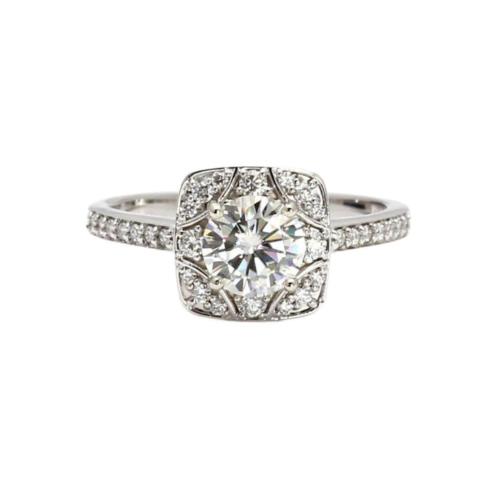Art Deco Moissanite Engagement Ring, Vintage Style Diamond Halo, Gold or Platinum