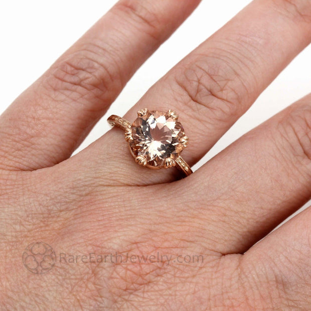 Art Deco Morganite Ring Vintage Style Solitaire with Crown Design - 14K Rose Gold - Morganite - Peach - Round - Rare Earth Jewelry