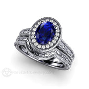 Art Deco Oval Blue Sapphire Engagement Ring Filigree Engraved Platinum - Wedding Set - Rare Earth Jewelry