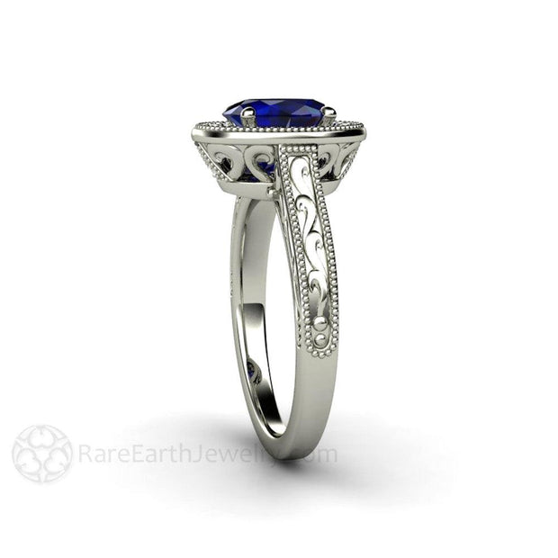 Art Deco Oval Blue Sapphire Engagement Ring Filigree Engraved 18K White Gold - Engagement Only - Rare Earth Jewelry