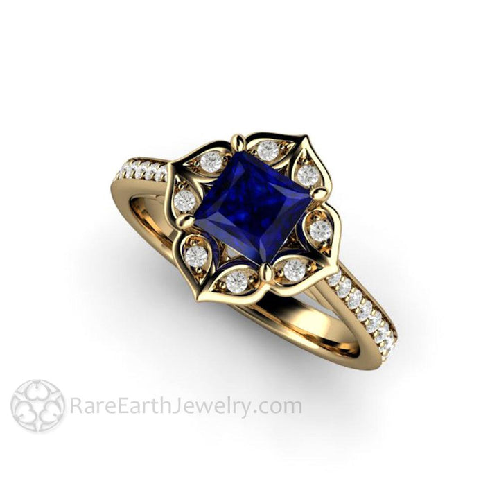 Art Deco Princess Blue Sapphire Engagement Ring Vintage Style, Rare Earth Jewelry