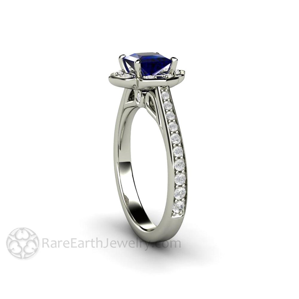 Art Deco Princess Blue Sapphire Engagement Ring Vintage Style, Rare Earth Jewelry