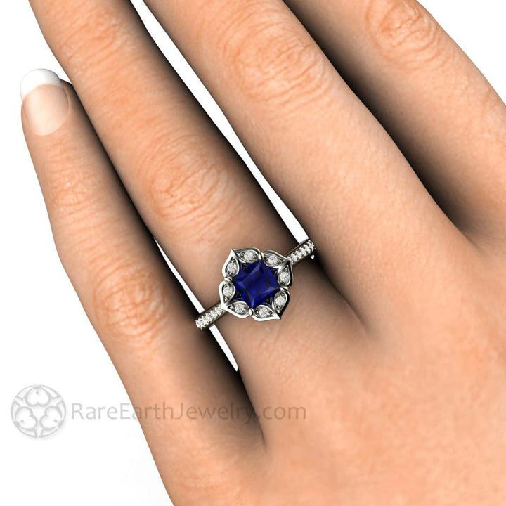 Art Deco Princess Blue Sapphire Engagement Ring Vintage Style, Rare Earth Jewelry