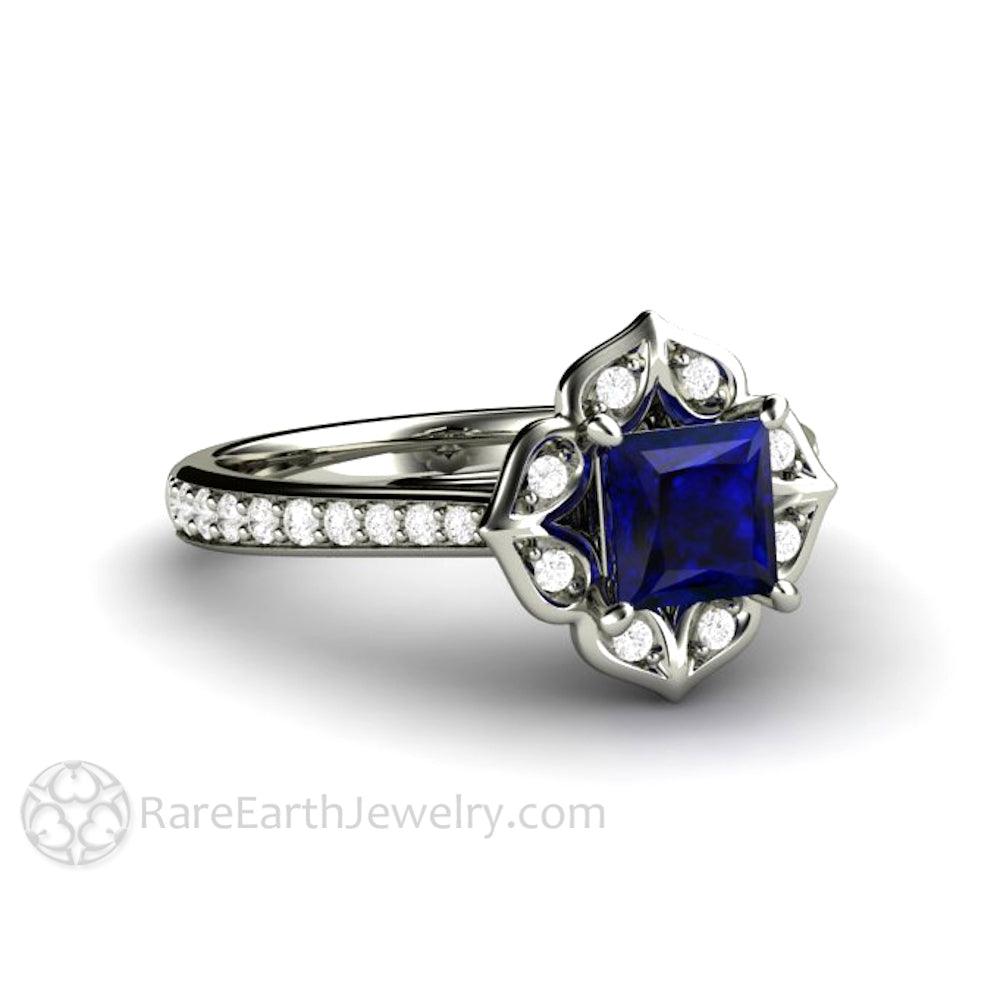 Art Deco Princess Blue Sapphire Engagement Ring Vintage Style, Rare Earth Jewelry