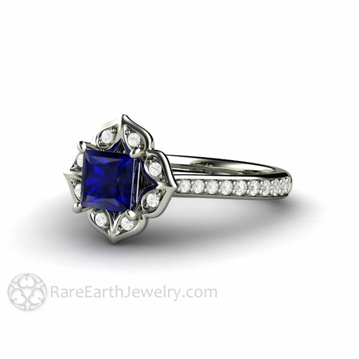 Art Deco Princess Blue Sapphire Engagement Ring Vintage Style, Rare Earth Jewelry