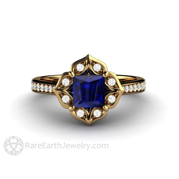 Art Deco Princess Blue Sapphire Engagement Ring Vintage Style, Rare Earth Jewelry